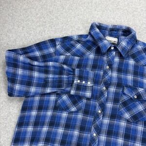 Wrangler Pearl Snap Shirt Mens XXL Blue Plaid Western Cotton Cowboy Workwear